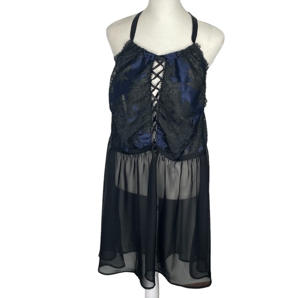 Cacique Corset Halter Nighty Slip Dress Size 22/24 Black Chiffon Navy Satin